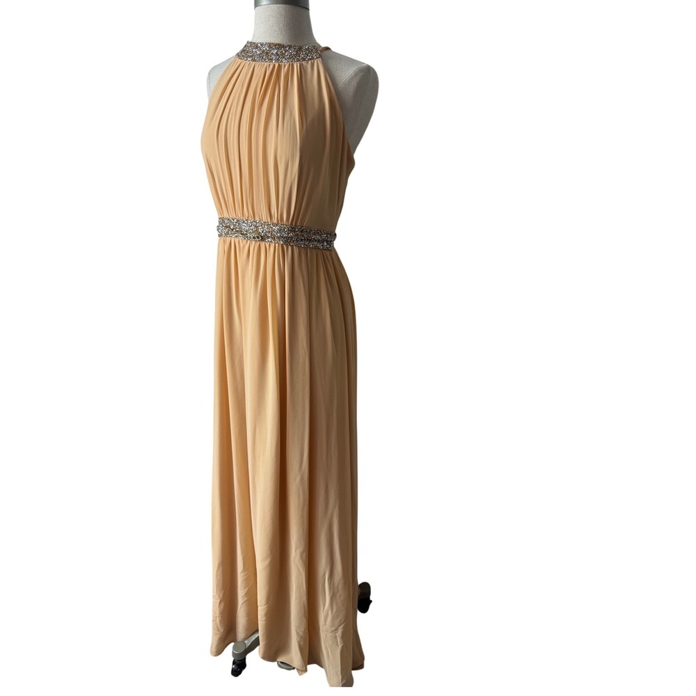 Soieblu Peach Beaded Halter Dress Strappy Back Formal Gown  Large prom wedding‎